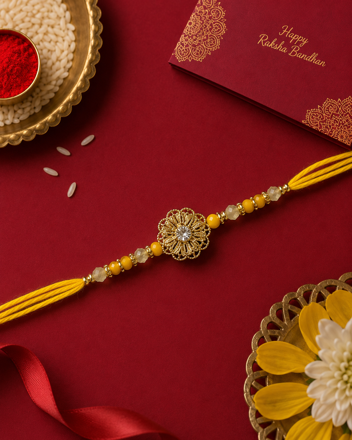 Yellow Flower Designer Stone Rakhi