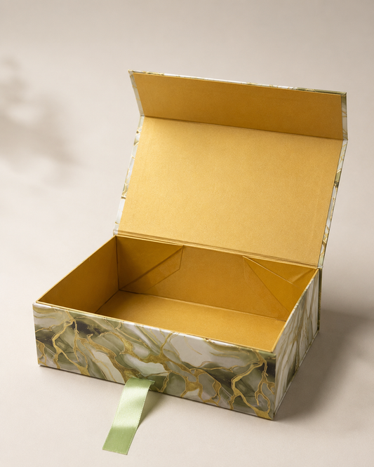 A decorative printed collapsible gift box with a foldable structure, designed for festive hampers, wedding gifts, return gifts, personalised packaging, and curated gift presentations.
