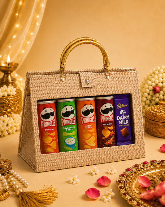 Snack & Style Hamper in a golden window purse hamper featuring assorted Pringles flavours and Cadbury Dairy Milk chocolate bars.