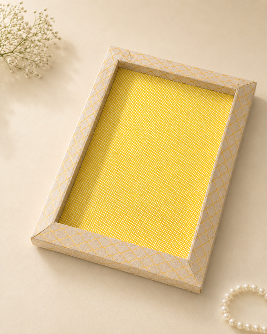 A golden flat rectangular hamper tray with a bright inner surface and raised border, suitable for sweets, dry fruits, candles, beauty products, and festive gift arrangements.